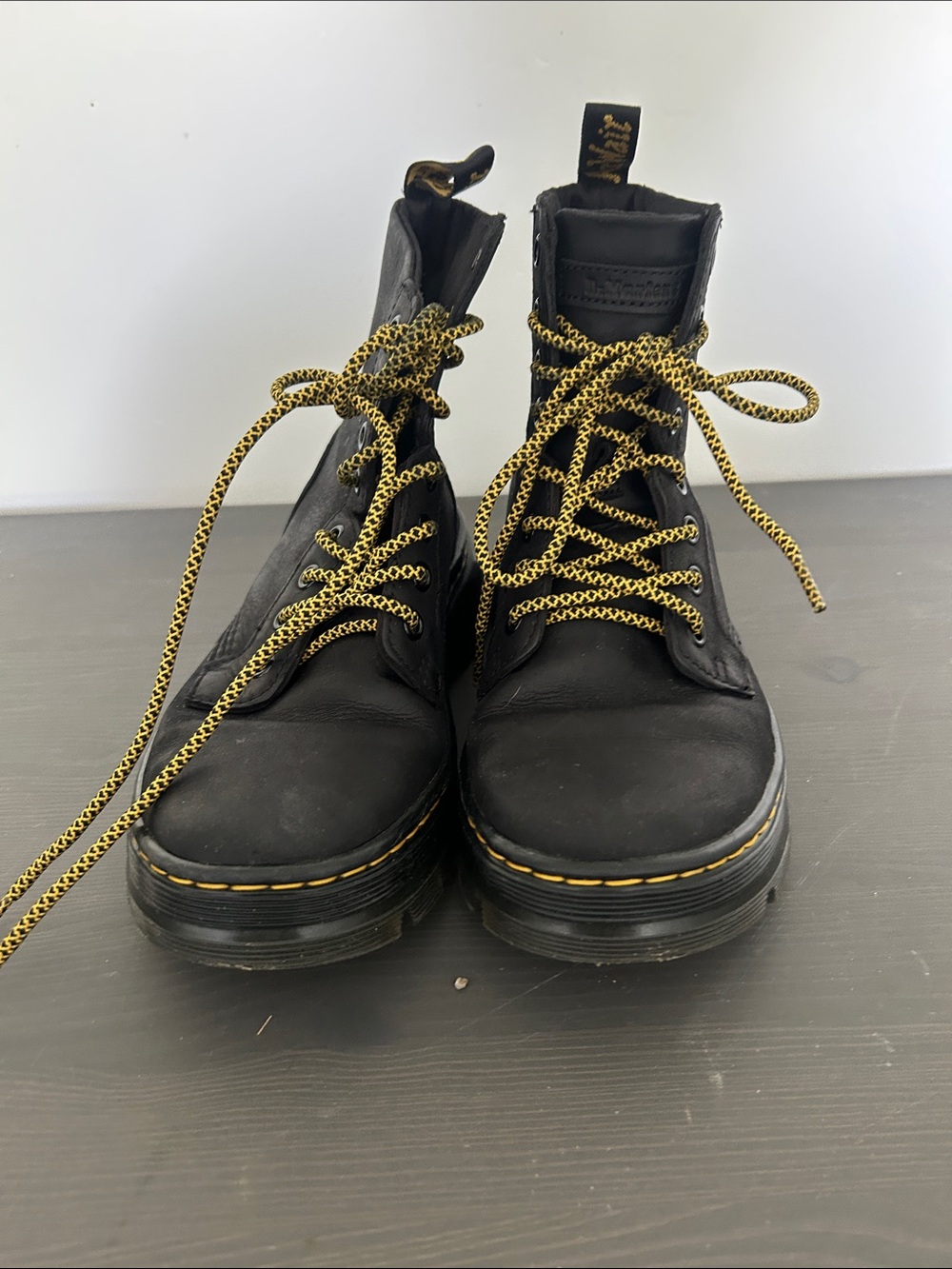 Doc Martens-Combs Black Combat Boots with yellow/black laces